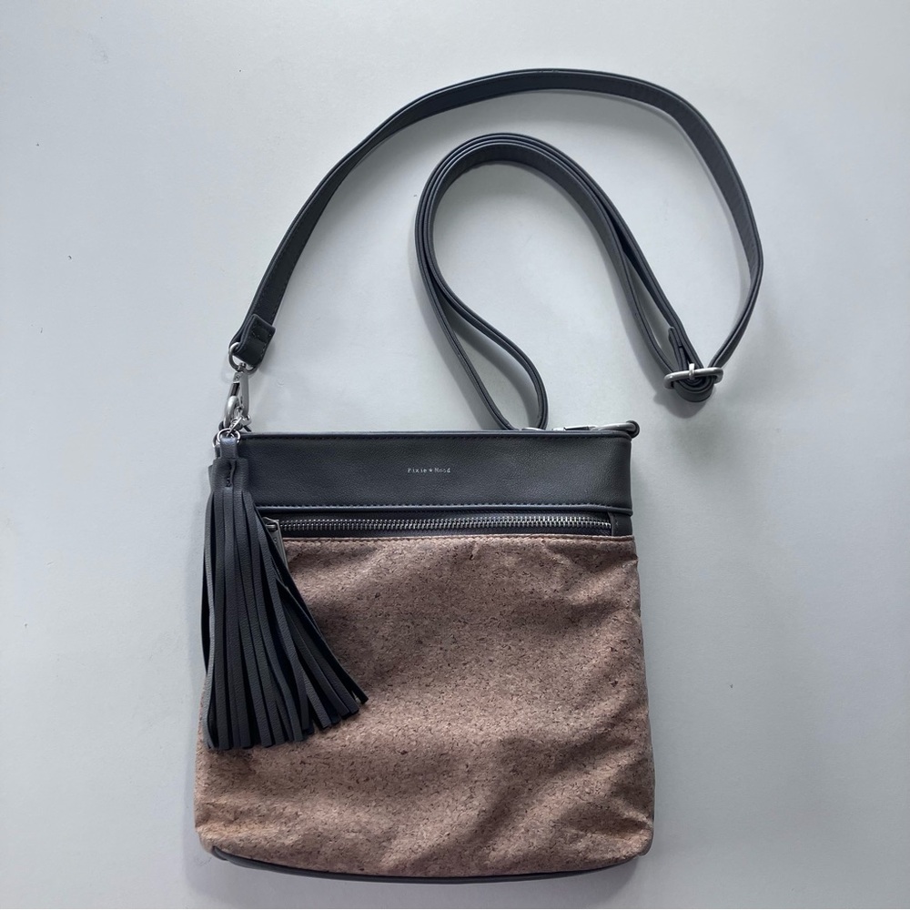 Pixi Mood Grey Vegan Leather Natural Cork Tassel Crossbody Bag